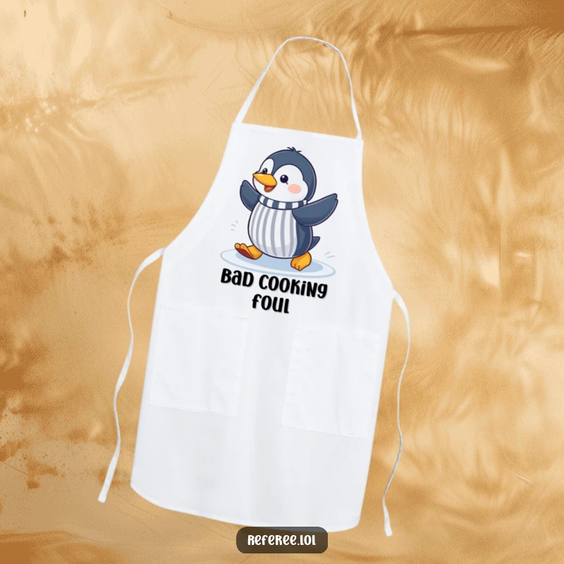 Funny cheerful penguin sliding on ice, making a referee gesture, printed on a practical apron for humorous kitchen officiating.