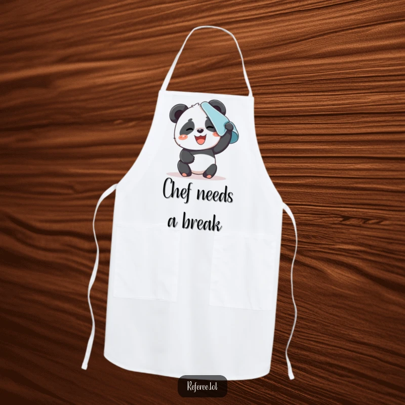 Funny apron with a giggling panda wiping sweat from its brow with a towel. Perfect for kitchen effort.