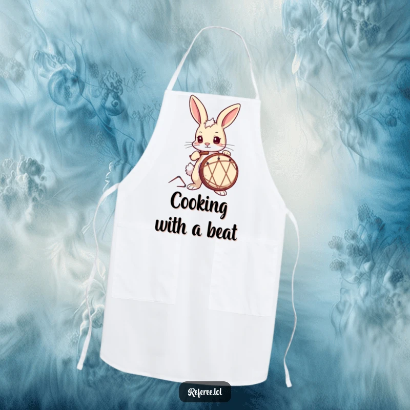 Funny Apron featuring a curious bunny with a determined look, drumming, perfect for kitchen beats.