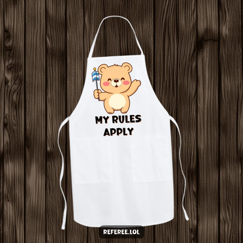 Funny Apron: A happy bear chef points authoritatively with a striped flag, adding a humorous and guiding touch to kitchen activities.