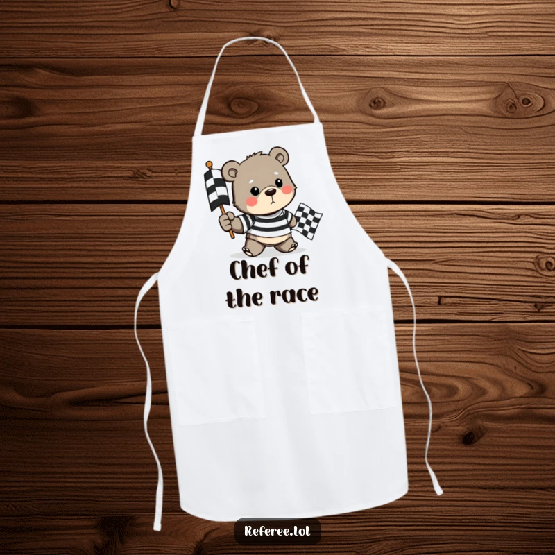 Funny apron with a determined bear in a striped shirt holding a checkered flag, perfect for kitchen protection with a racing theme.