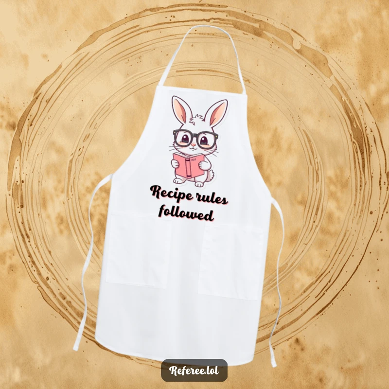 Funny apron with a shy bunny adjusting oversized glasses and holding a rule book, perfect for organized kitchen protection.