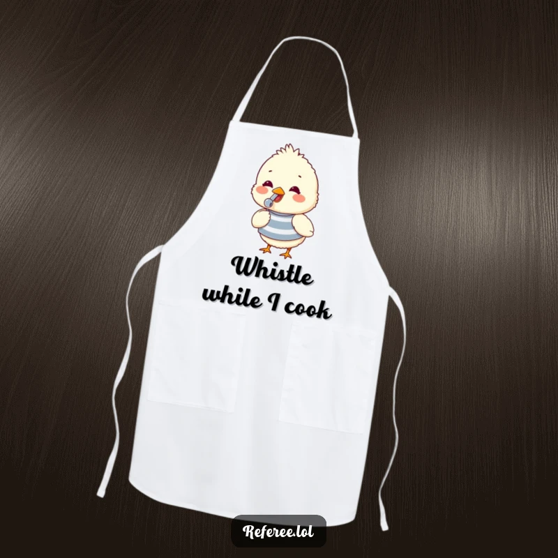 Funny apron with a fluffy chick in a striped shirt, blowing a whistle with glee, perfect for cheerful kitchen protection.