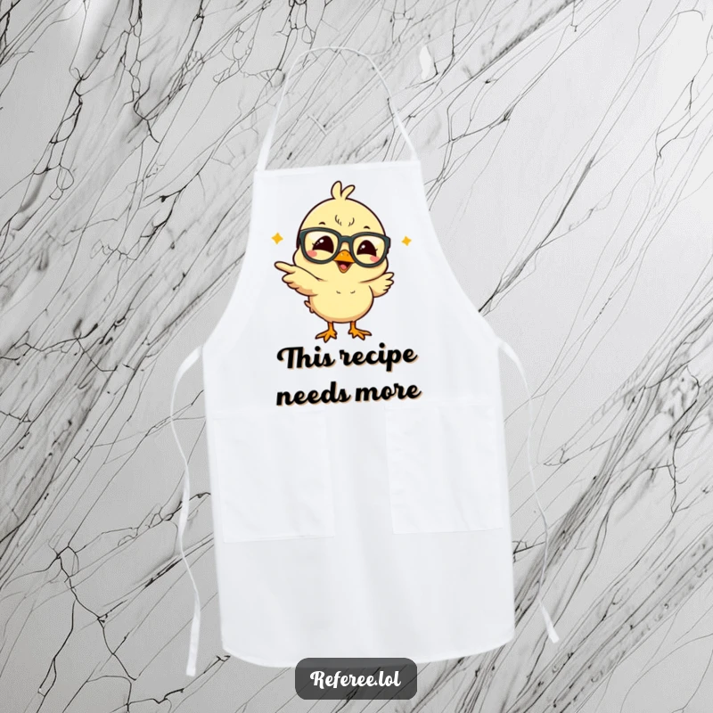 Funny giggling chick in large glasses, pointing wildly, printed on a practical apron for hilarious kitchen adventures and cooking fun.