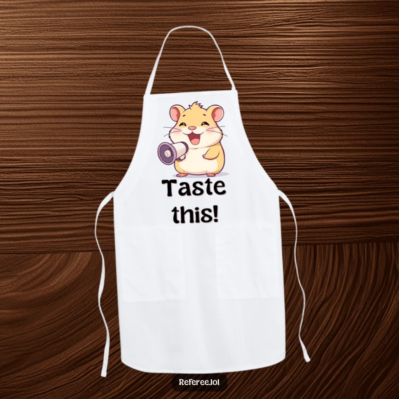 Funny apron with a happy hamster grinning and holding a megaphone, a humorous kitchen accessory and a perfect funny gift.