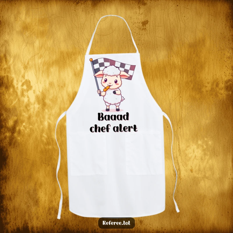 Funny apron with a kawaii sheep holding a referee whistle and checkered flag, perfect for chefs who want to add cute, humorous control to cooking.