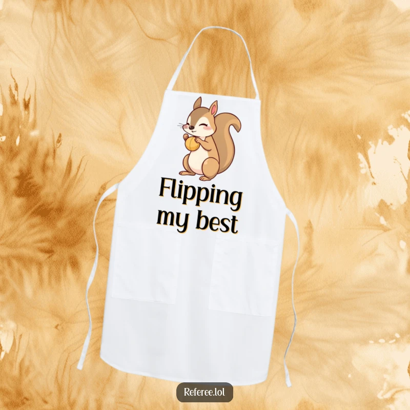 Funny squirrel apron showing a playful squirrel balancing a small ball on its nose. Perfect for whimsical kitchen fun.