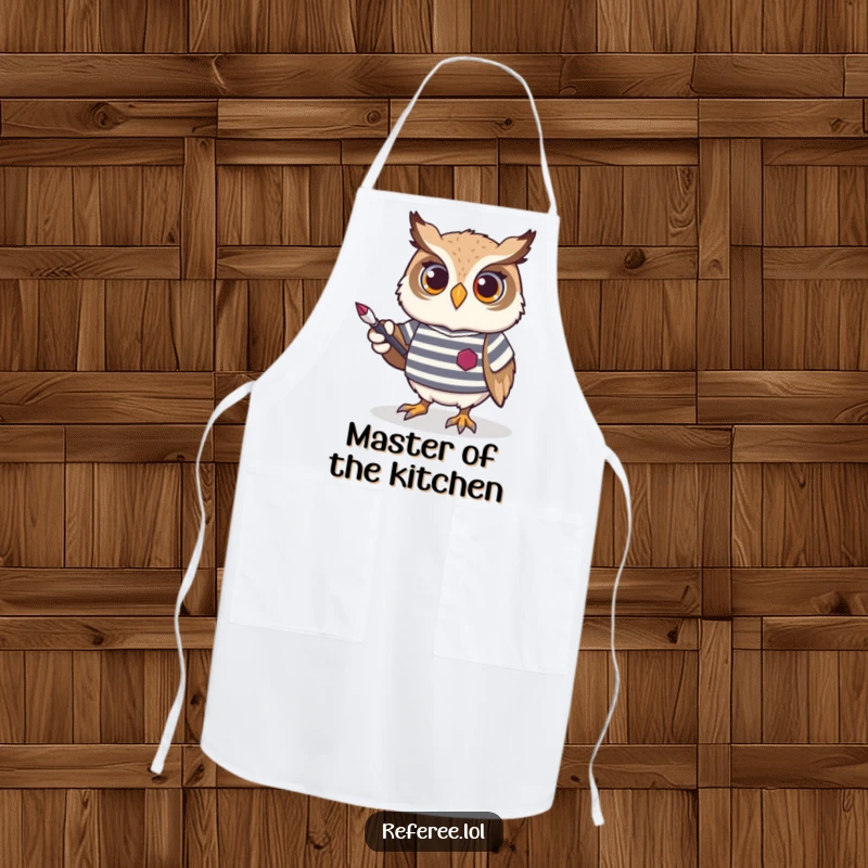 Funny Owl Chef Apron showing a proud owl with a striped jersey and pointer, ready to assist in the kitchen with scholarly flair.