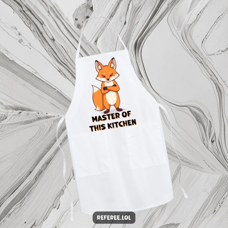 Funny proud fox standing tall, arms crossed, stern expression, printed on a practical apron for humorous kitchen command.