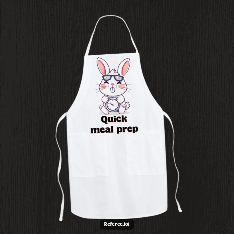 Funny apron depicting a cheerful rabbit with a stopwatch, looking determined and energetic, perfect for a humorous kitchen.