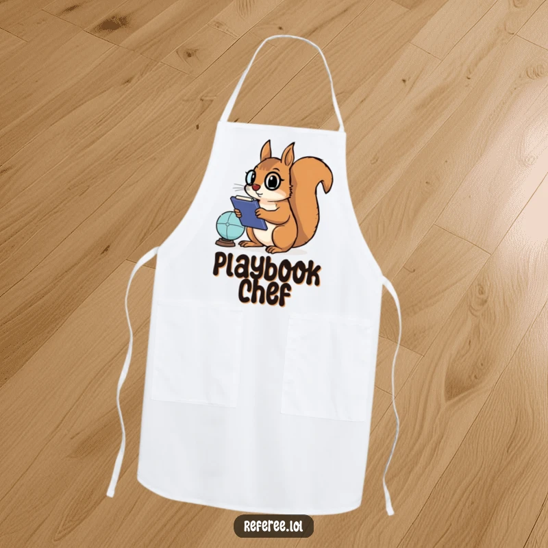 Funny apron showing a determined squirrel with a clipboard, intently watching a cooking game, ready to strategize the perfect meal.