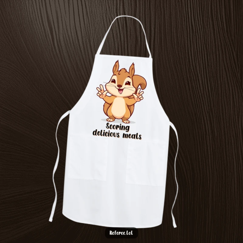 Funny apron depicting a delighted squirrel giving precise hand signals for a touchdown, perfect for a humorous kitchen.