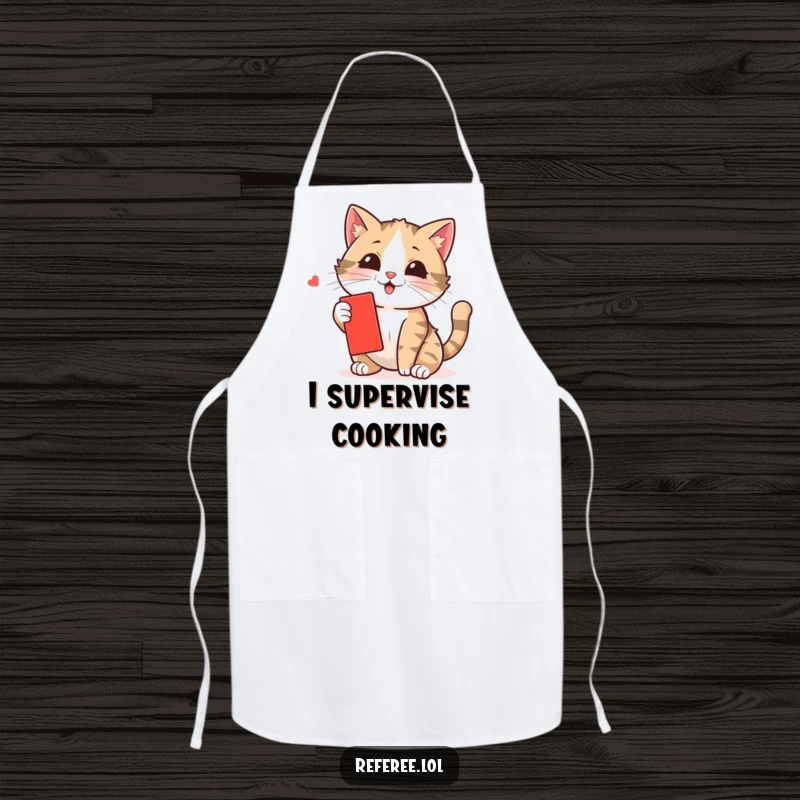Funny cat apron showing a mischievous kitten mid-swat at a small red card, ideal for cooking or baking with a smile.
