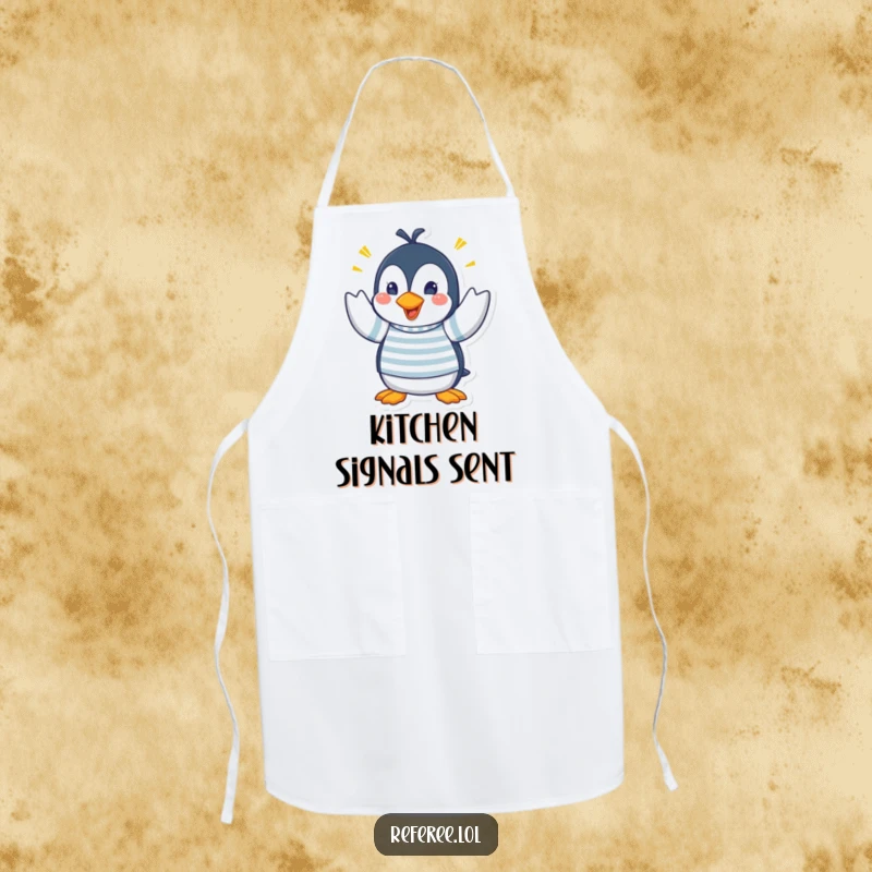 Funny apron with a penguin in a striped shirt making frantic hand signals, perfect for the chef who enjoys adding humorous flair to their cooking.