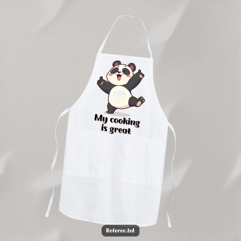 Funny apron depicting an enthusiastic panda stomping its foot and pointing emphatically, perfect for a humorous kitchen.