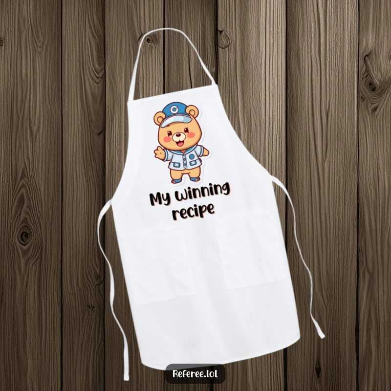 Funny bear chef apron with a happy bear in uniform excitedly gesturing a play forward, ideal for humorous cooking sessions.