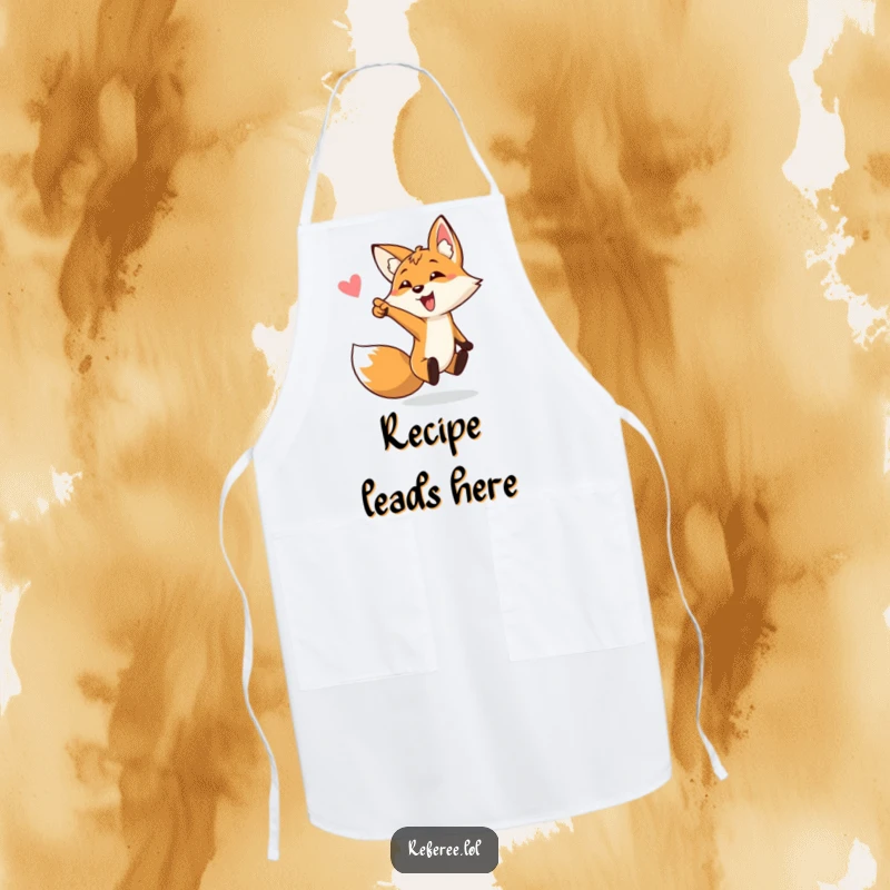 Funny apron with a bouncing fox enthusiastically pointing towards a goal, a humorous kitchen accessory and a perfect funny gift.