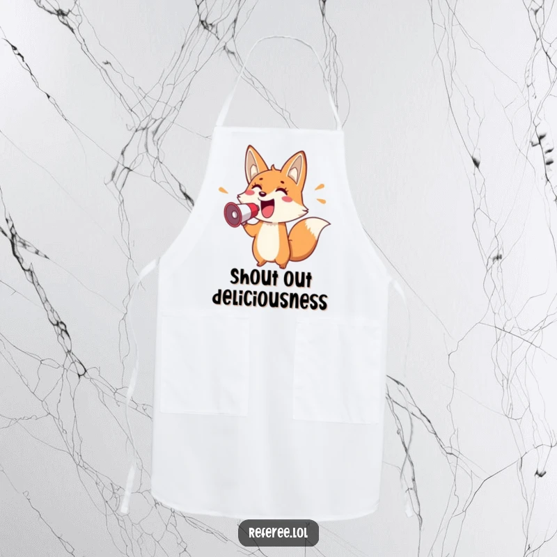 Funny apron with a cheerful fox holding a megaphone and pointing enthusiastically, perfect for energetic kitchen protection.