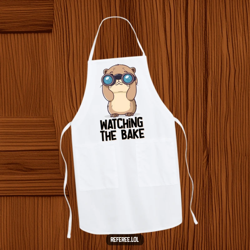 Funny apron with a curious otter using large binoculars to look far away. Perfect kitchen accessory and a great funny gift.