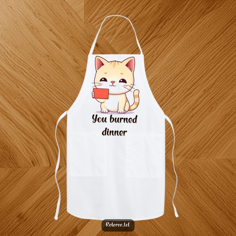 Funny cat red card apron with a chiding cat holding a tiny red card, perfect for kitchen duty with playful discipline.