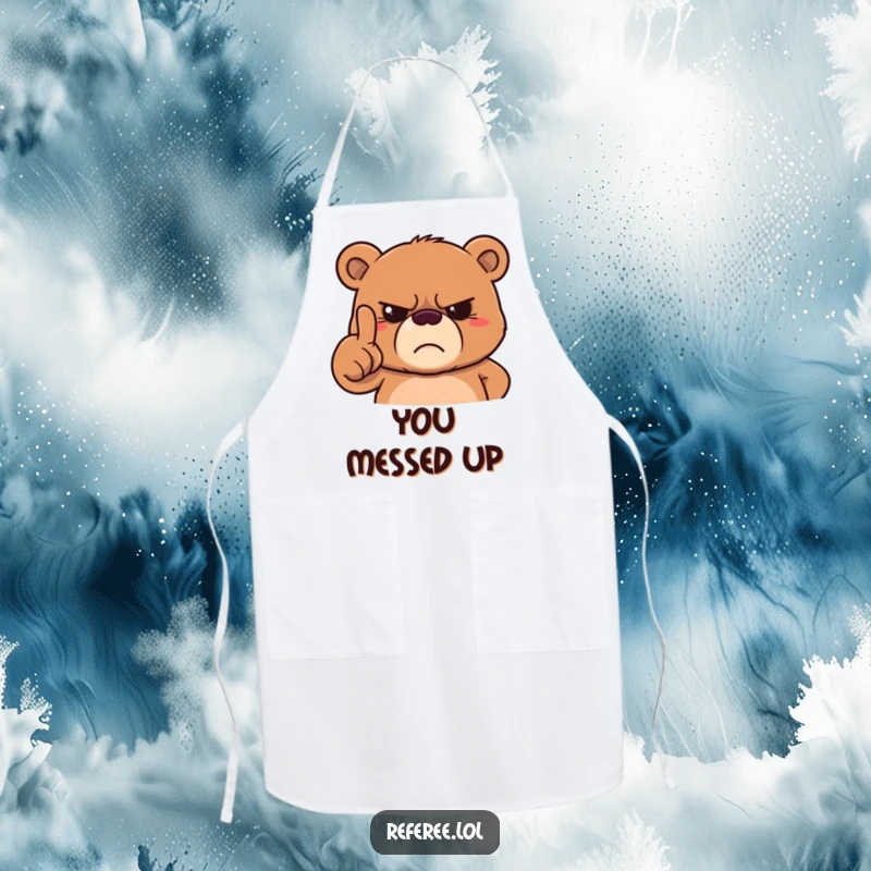Funny grumpy bear apron with a stern bear pointing a finger and a frown, perfect for kitchen duty with playful discipline.