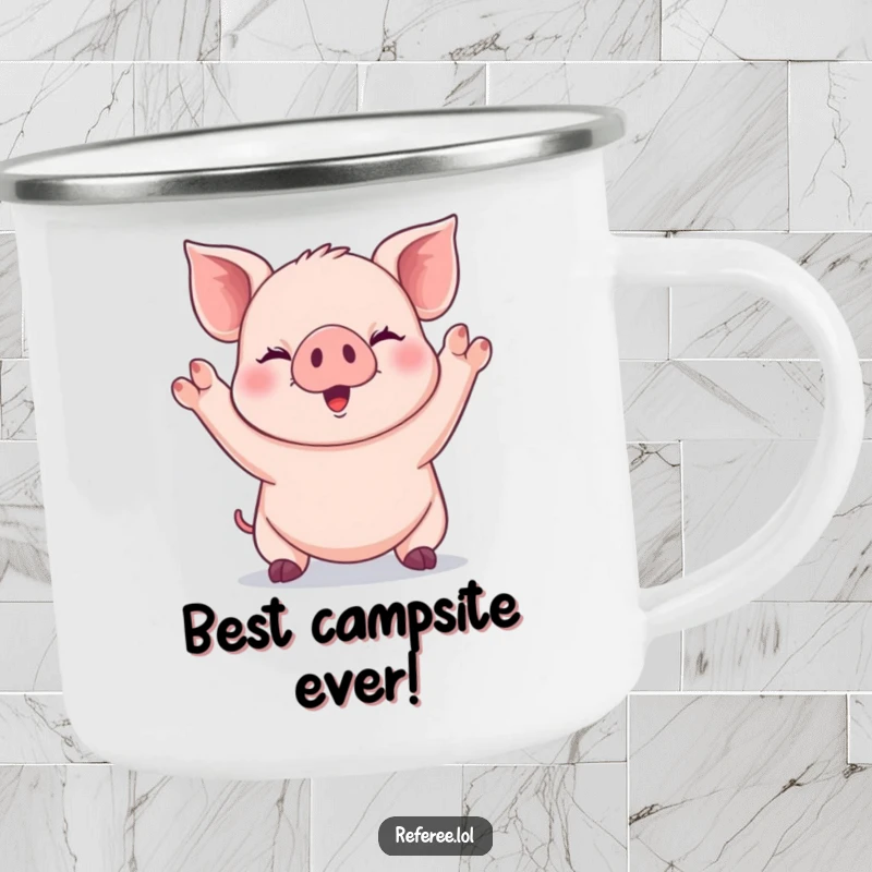 Funny giggling piglet signaling with both paws raised high on a camping mug, guiding happy adventures.