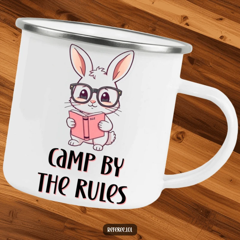 Funny camping mug with a shy bunny adjusting oversized glasses and holding a rule book, durable and perfect for organized outdoor use.