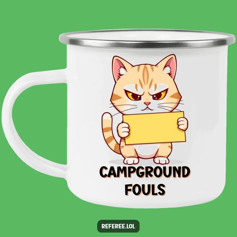 Funny Cat Camping Mug: Determined Referee Cat with Yellow Card for Camp
