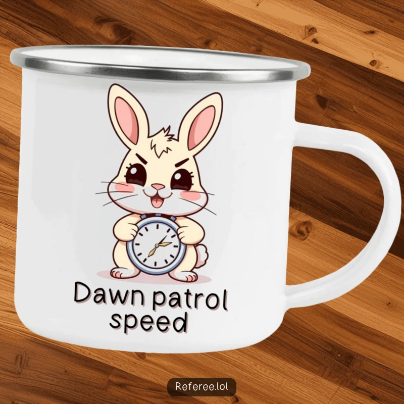 Funny camping mug with a cheerful, energetic rabbit holding a stopwatch. Perfect for outdoor adventures and a great funny gift.