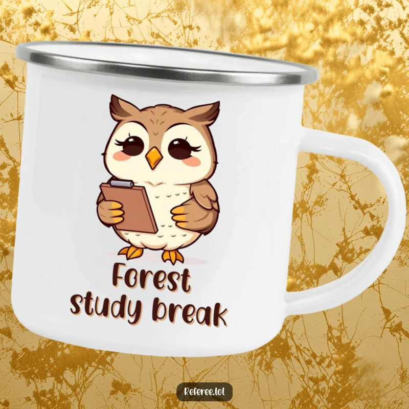 Funny wise owl holding a clipboard, ready for outdoor notes, on a sturdy funny camping mug.