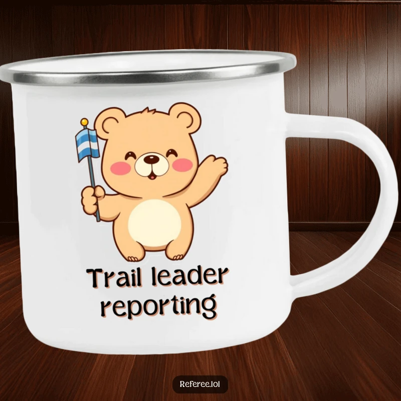 Funny Camping Mug: A happy bear points with a striped flag, ideal for outdoor adventures with a touch of commanding humor.
