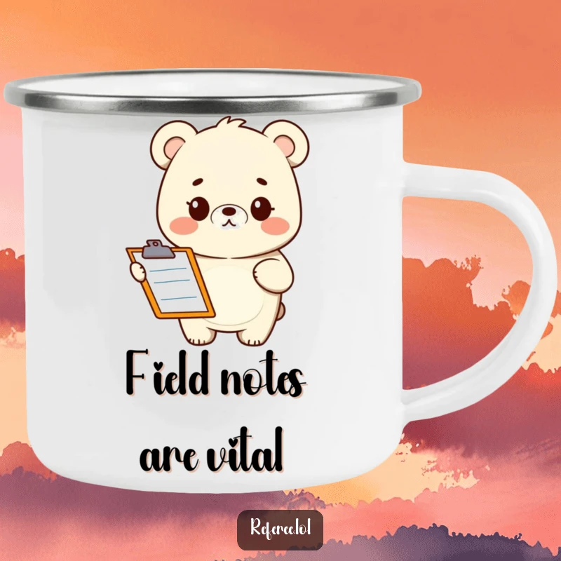 Funny camping mug showing a quizzical bear with a clipboard. Ideal for outdoor enthusiasts and humor lovers.