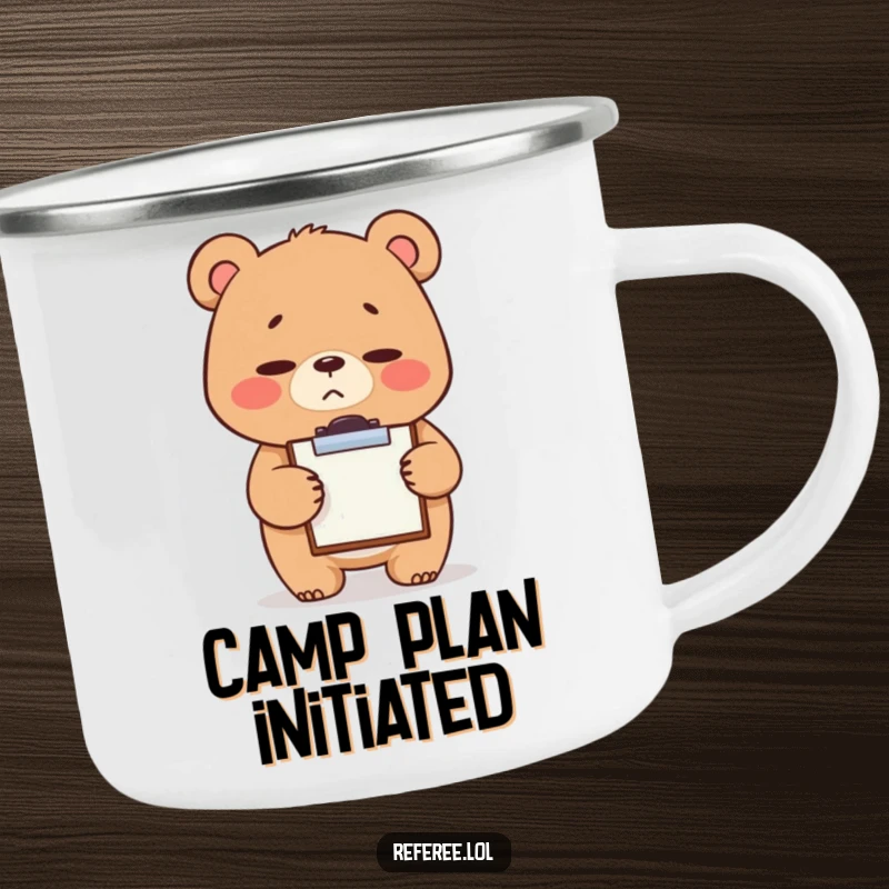 Funny camping mug featuring a giggling bear with a stern yet cute expression, tapping a tiny clipboard, perfect for outdoor supervisors who appreciate humor.