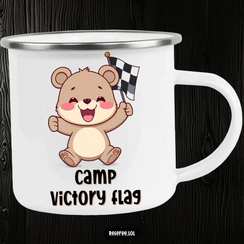 Funny bear cub camping mug, enthusiastically waving a checkered flag, perfect for rugged adventures and warm drinks.