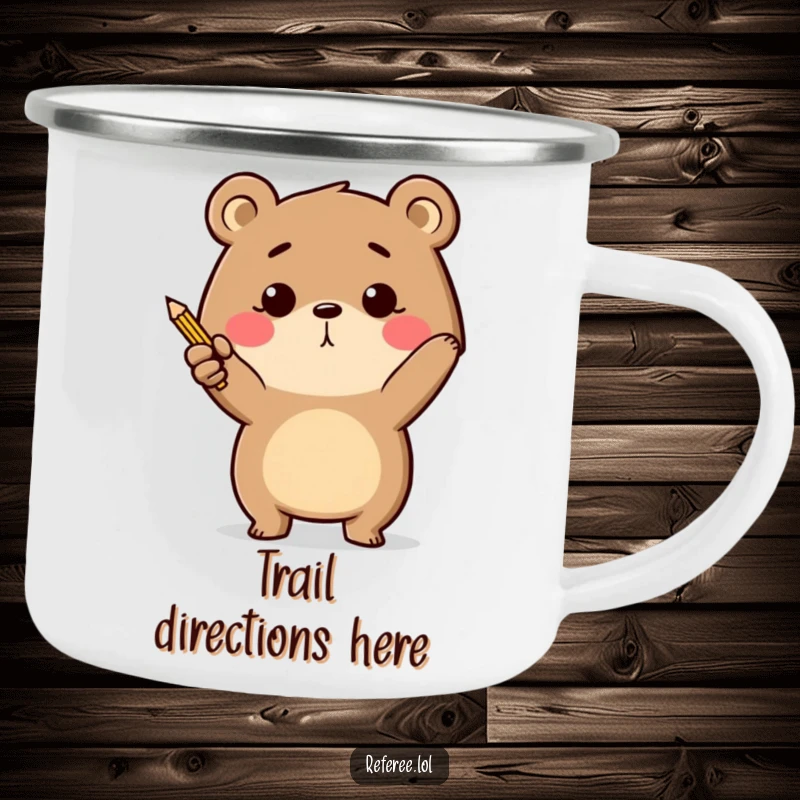 Funny determined bear energetically pointing with a tiny pencil on a camping mug, guiding outdoor plans.