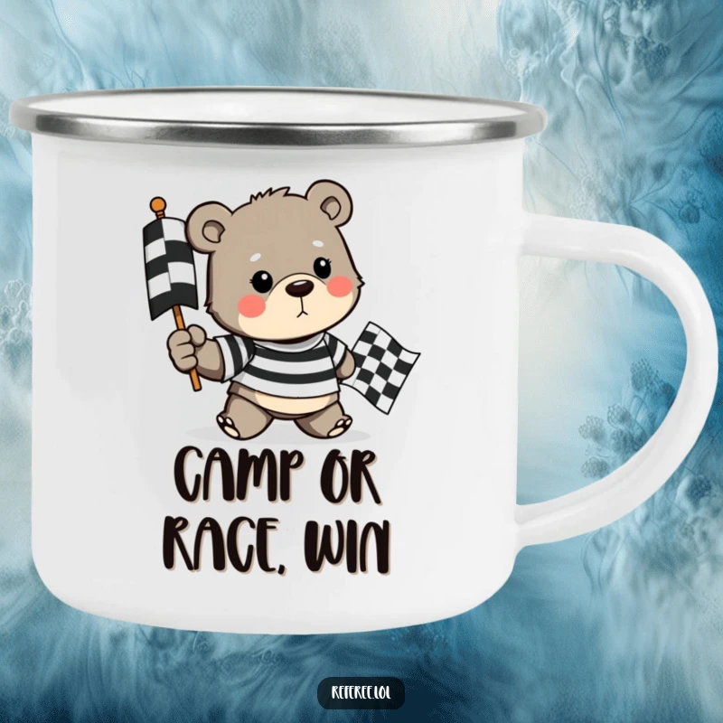 Funny camping mug with a determined bear in a striped shirt holding a checkered flag, robust and ready for outdoor victory.