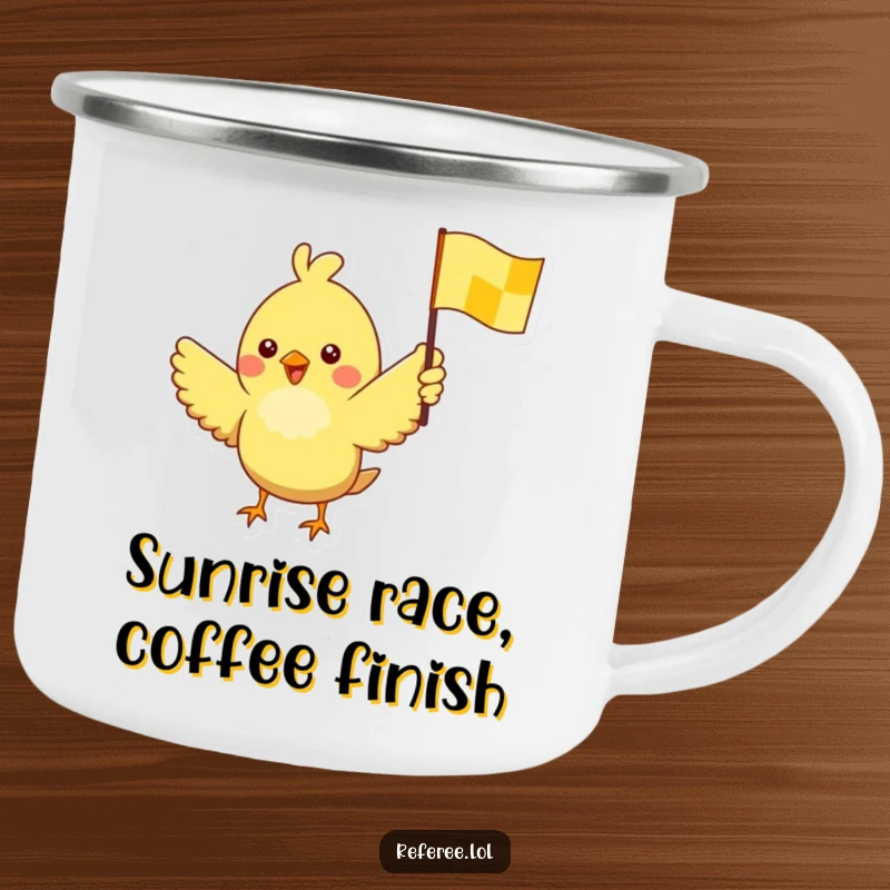 Funny camping mug with a cheerful bird waving a yellow checkered flag, ideal for outdoor celebrations and coffee.