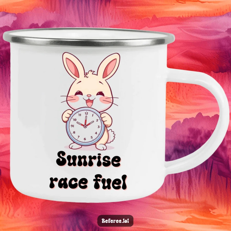 Funny bunny camping mug with a delighted bunny holding a stopwatch and smiling. Perfect for timely outdoor adventures.
