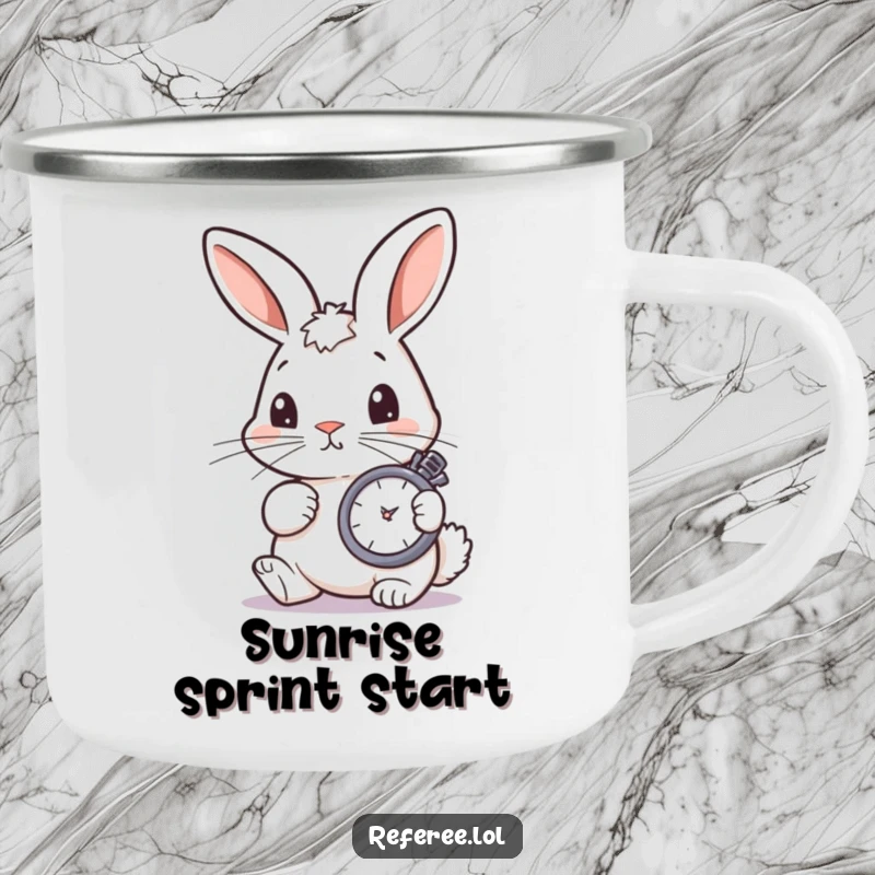 Funny bunny intently checking a stopwatch, ready for outdoor exploration, on a strong funny camping mug.