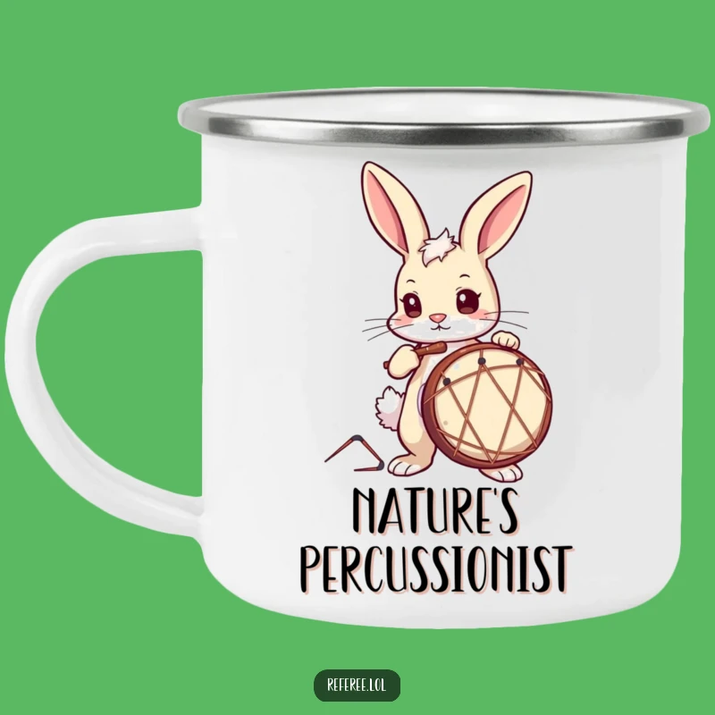 Funny Drummer Bunny Camping Mug: Enjoy Your Brew with This Hilarious Musical Companion