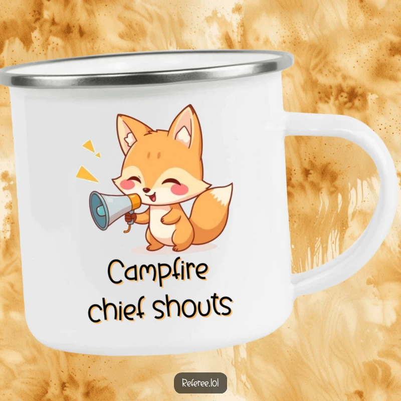 Funny fox with a megaphone on a sturdy camping mug, perfect for enjoying drinks outdoors with loud humor.
