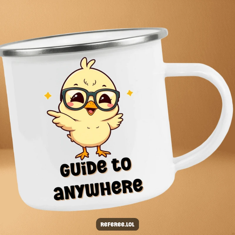 Funny giggling chick in large glasses, pointing erratically, on a sturdy camping mug, perfect for humorous outdoor sipping.