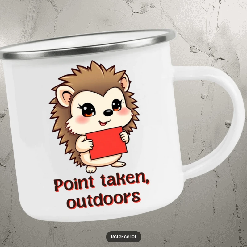Funny camping mug with a determined hedgehog holding a red card, ideal for outdoor enthusiasts who appreciate humor.