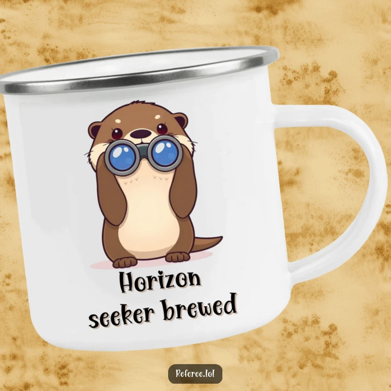 Funny camping mug with a curious otter peering through large binoculars, a humorous and durable choice for outdoor exploration.