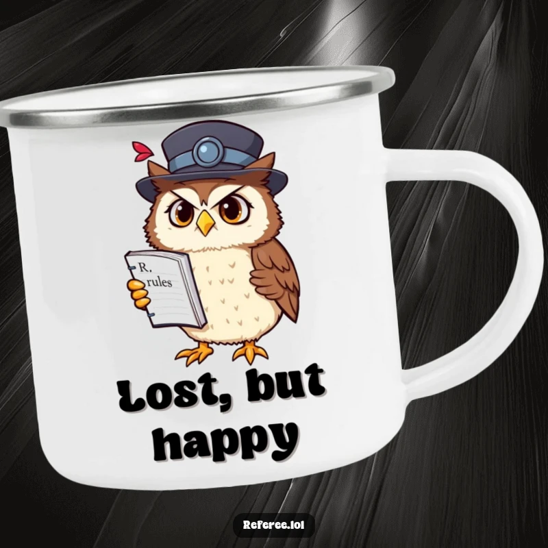 Funny owl campfire mug showing a confused owl in a fancy hat holding a rulebook upside down, perfect for contemplative outdoor moments.