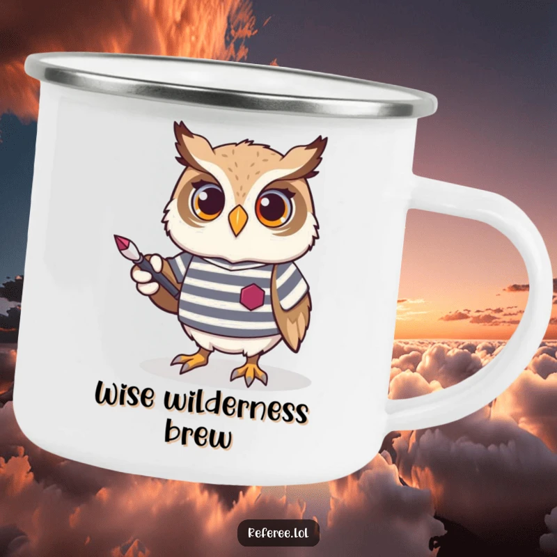 Funny Owl Camping Mug showing a proud owl in a striped jersey, holding a pointer, built for adventure and a good laugh.