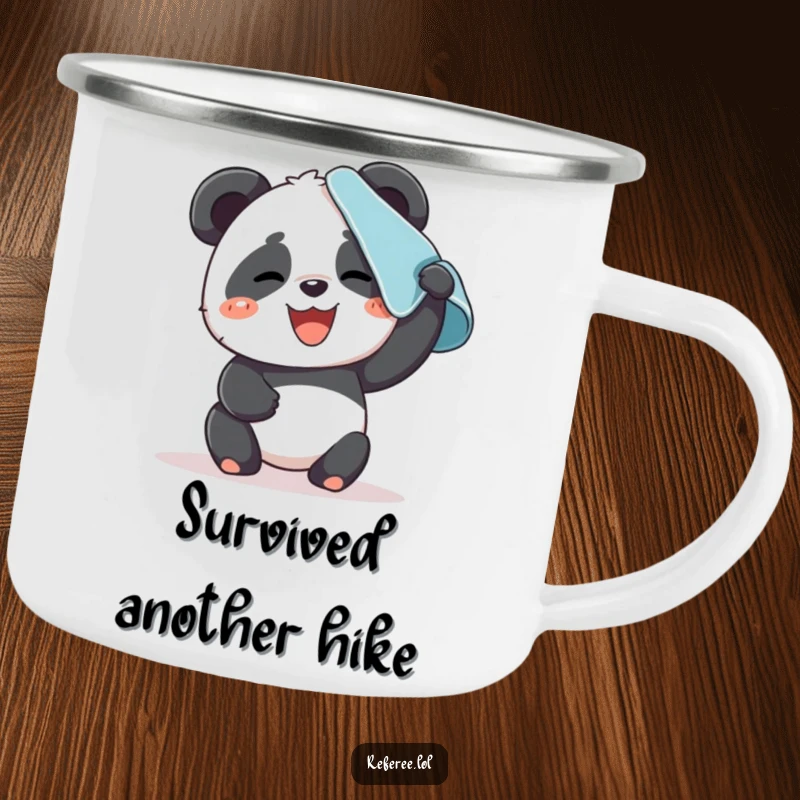 Funny camping mug showing a giggling panda wiping sweat from its brow. Ideal for outdoor achievers.