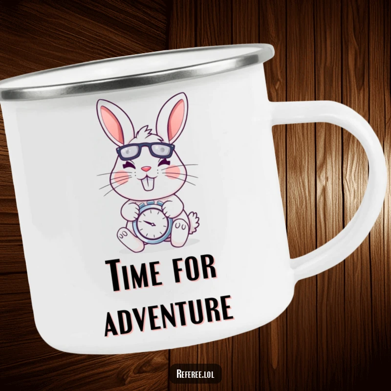 Funny camping mug with a cheerful rabbit holding a stopwatch, looking determined and energetic, ideal for outdoor humor.