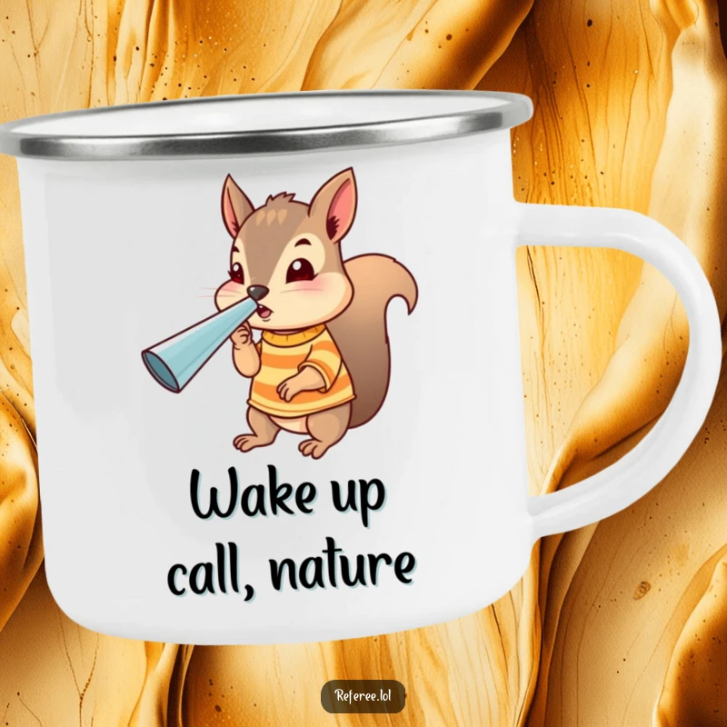 Funny squirrel campfire mug showing a tiny uniformed squirrel blowing a giant whistle, perfect for outdoor enthusiasts who appreciate humor.