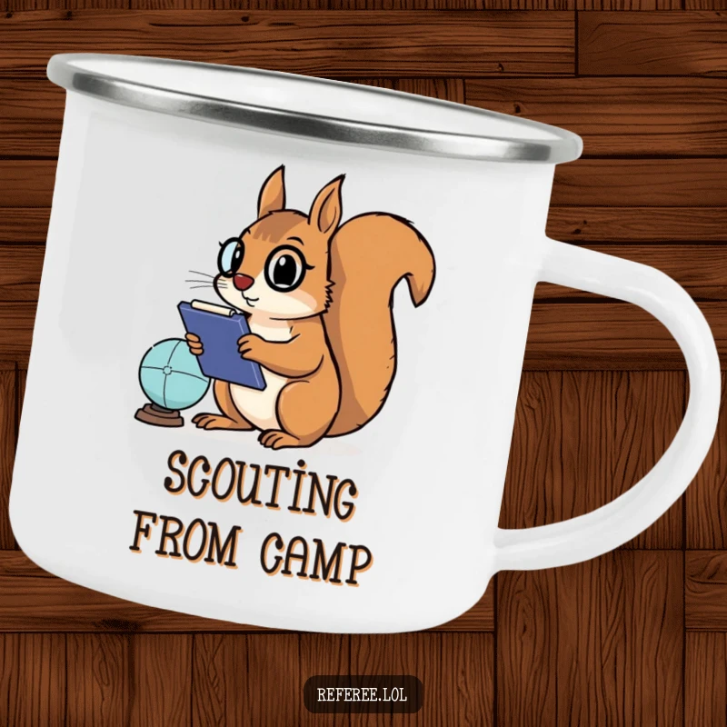 Funny camping mug with a determined squirrel holding a clipboard, intently strategizing a game, ideal for outdoor enthusiasts and coffee lovers.